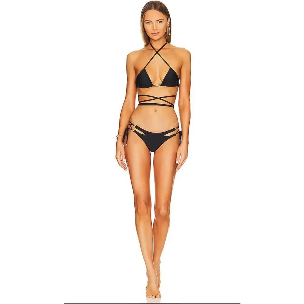 Dundas Josephine Women's Black Gold Accents Swim Bikini Set Size L NWT